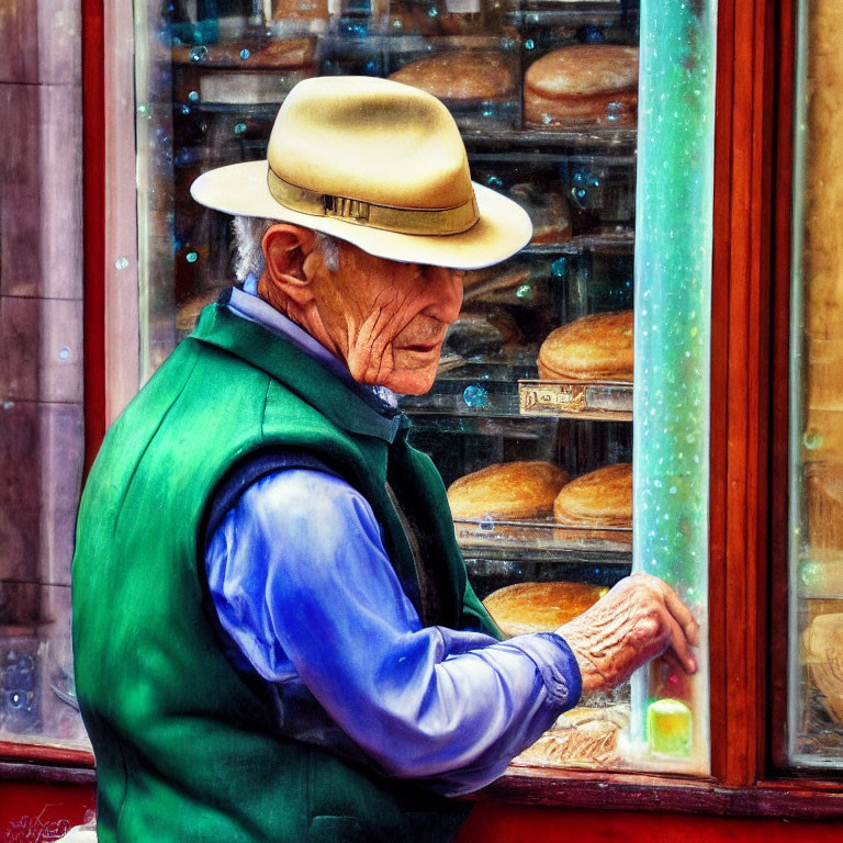 Elderly man in tan hat and green vest looks at bakery window with bread loaves