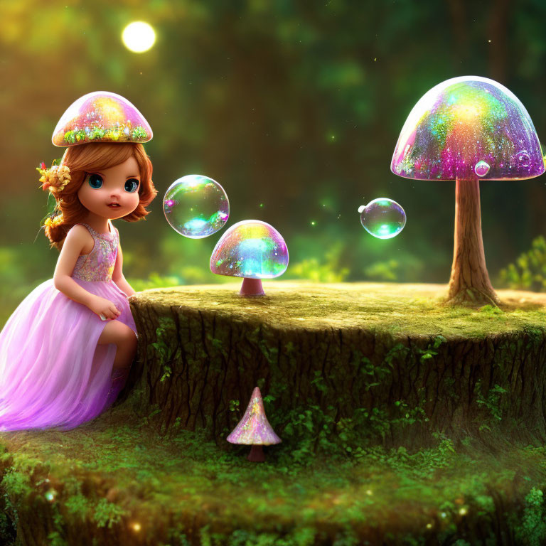 Animated young girl in pink dress with oversized mushrooms in magical forest