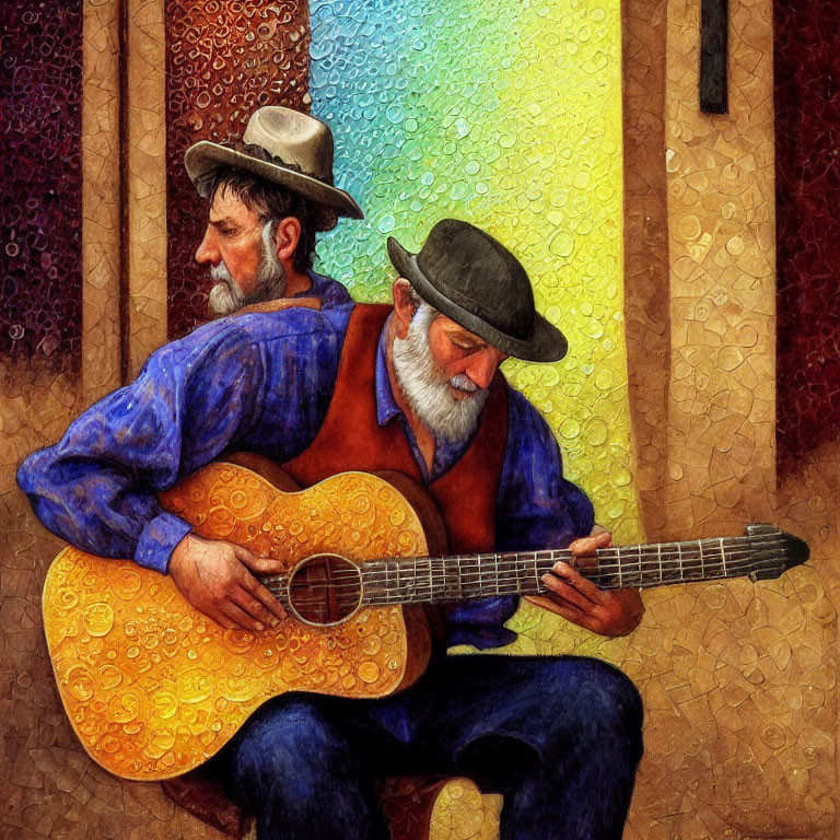 Colorful painting of two elderly men in hats, one playing guitar.