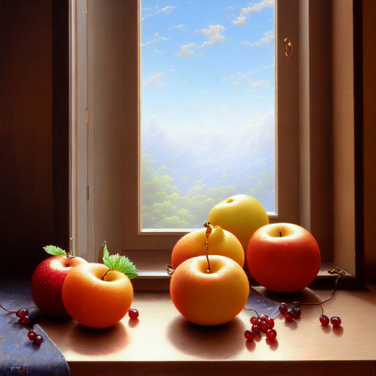 Natural light highlights colorful fruits on windowsill with serene sky view