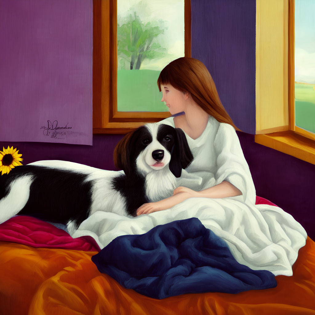Woman in white sitting with black and white dog on colorful bedspread by open window