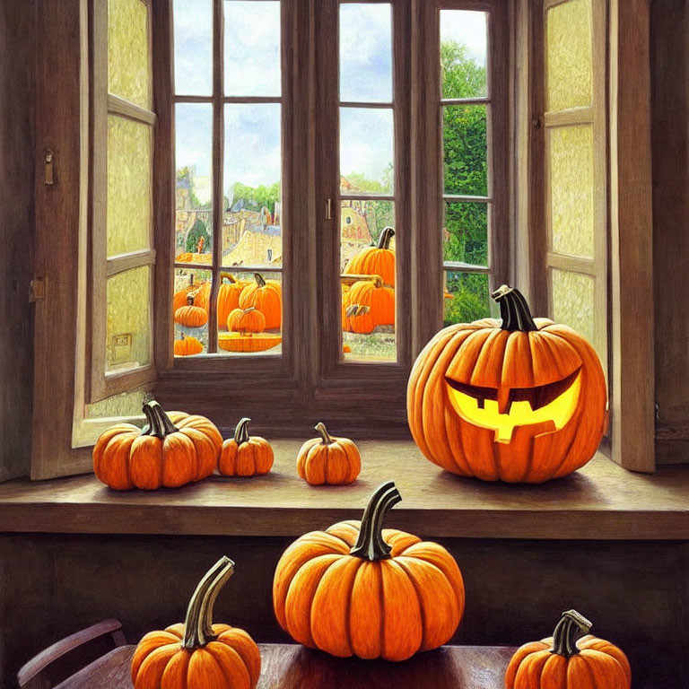 Cozy room with lit jack-o'-lantern and pumpkins overlooking village.
