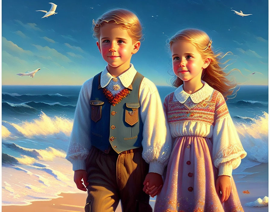 Children in vintage clothing holding hands on beach at sunset with flying seagulls