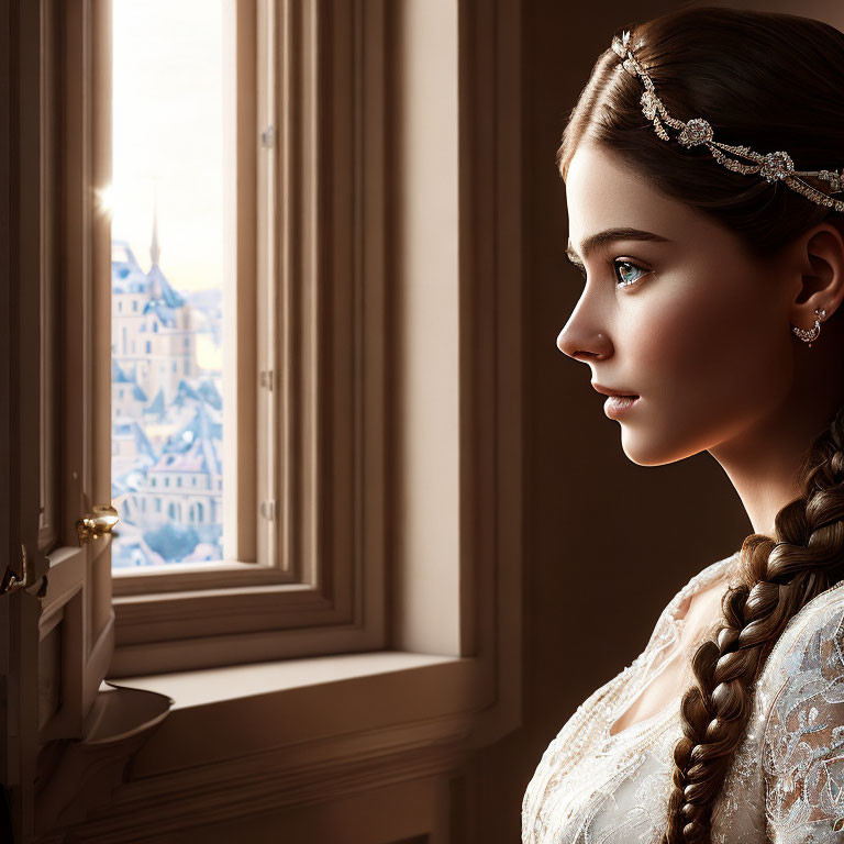 Braided hairstyle woman gazes out window with castle in distance