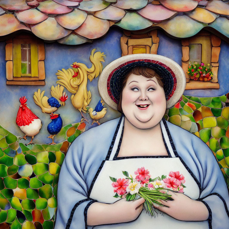 Smiling woman with flowers, chicken, and rooster by whimsical cottage