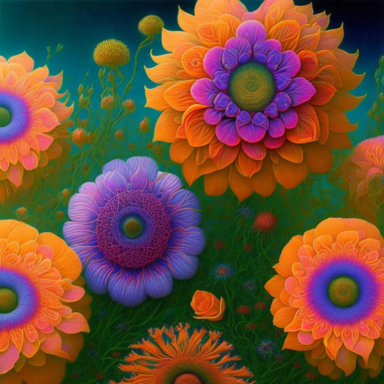 Colorful Floral Painting in Orange, Purple, and Yellow Hues