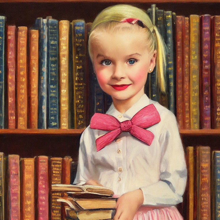 Blonde Girl with Books Smiling by Bookshelf
