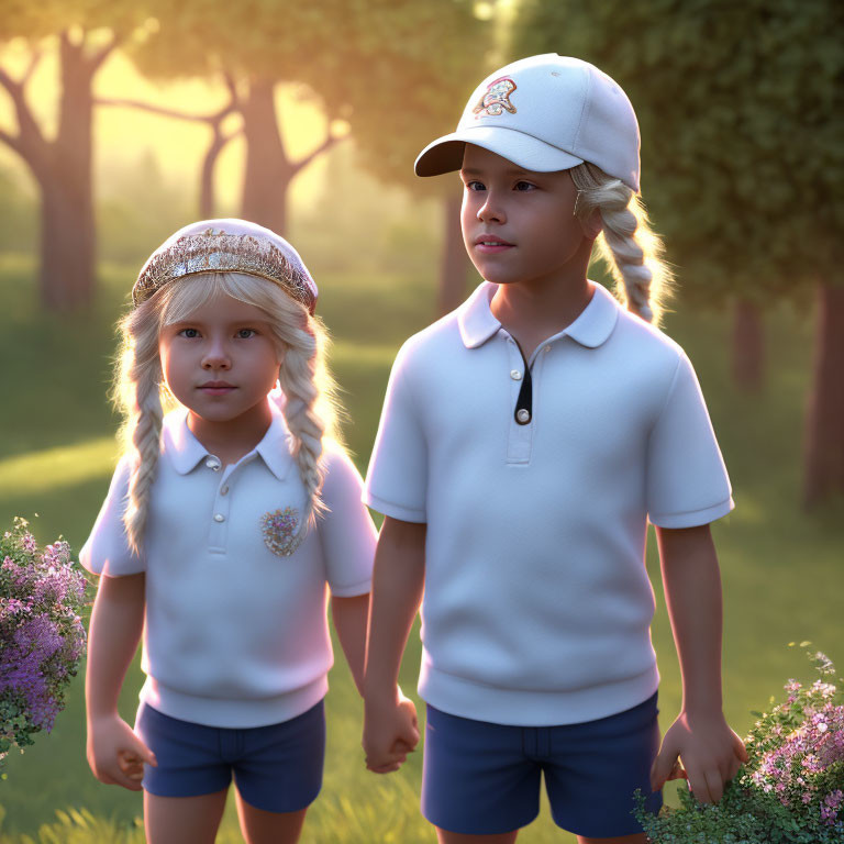 Two children in forest clearing: one in cap, one in headband