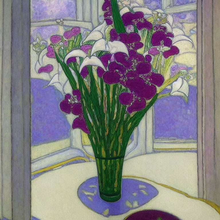 Vibrant purple and white irises in vase by stained glass window