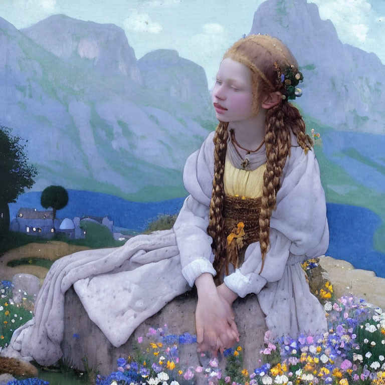 Girl with braided hair in white dress among wildflowers, mountains & cottage.