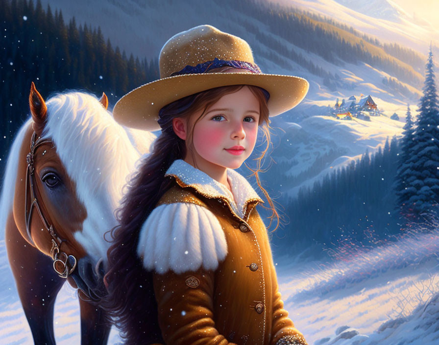 Girl and her horse in snow
