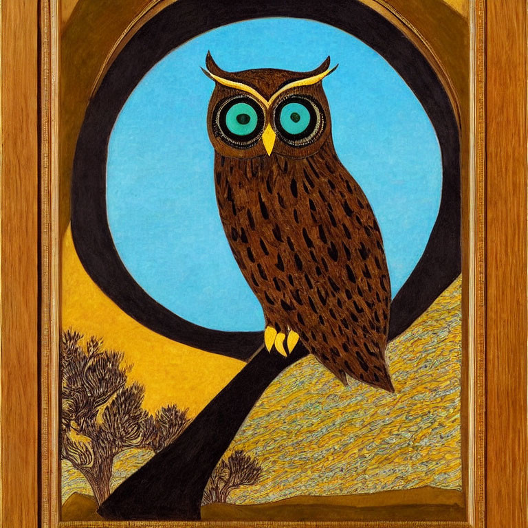 Stylized owl on branch against crescent moon in wood frame
