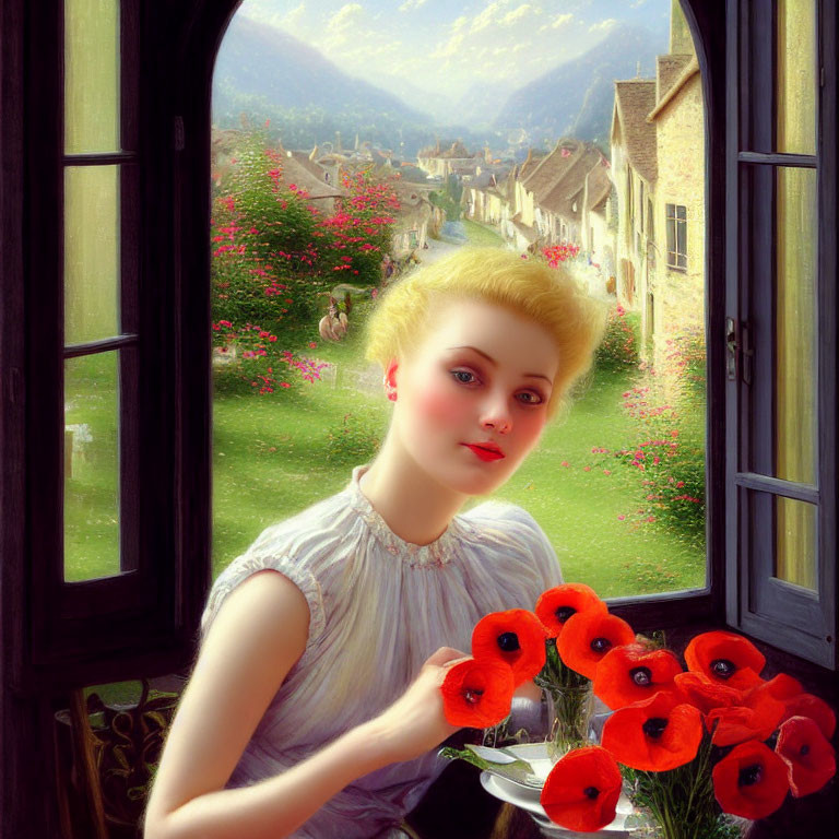 Blonde woman holding poppies looks out window at village street