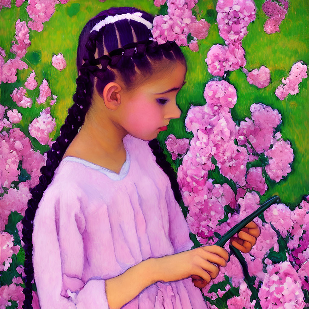 Young girl in pink dress with braids using tablet amidst vibrant pink flowers