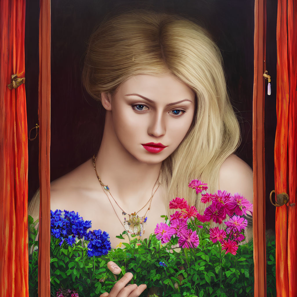 Realistic digital artwork of blonde woman by window with colorful flowers & red curtains