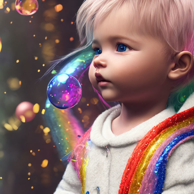 Blue-eyed toddler admires glowing bubble in rainbow jacket