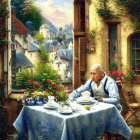 Elderly man having breakfast with pigeons in quaint village setting