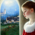 Young girl in red and white dress looking out window at twilight village with shooting star