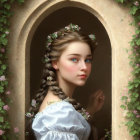 Serene woman with flowers in hair in arched doorway surrounded by floral patterns