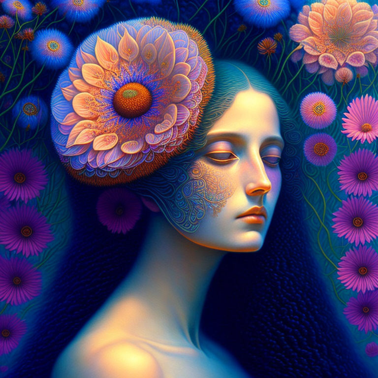 Vibrant surreal portrait of a woman with long flower-adorned hair