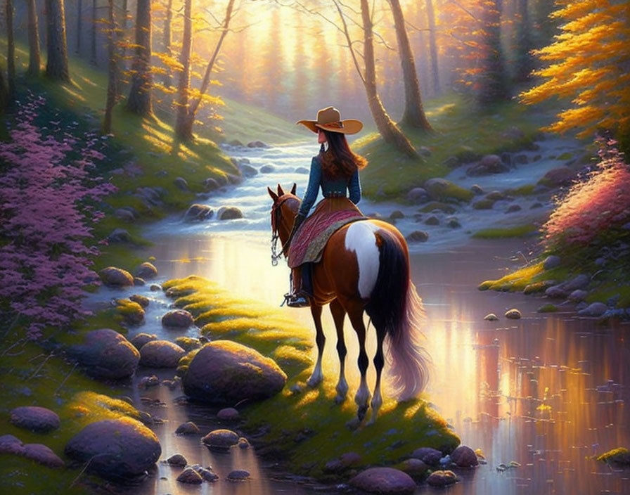 Girl and her horse in a stream