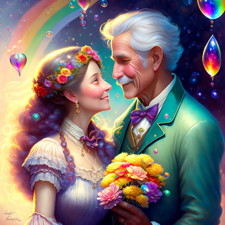 Ethereal portrait of young woman and older man in fairytale setting