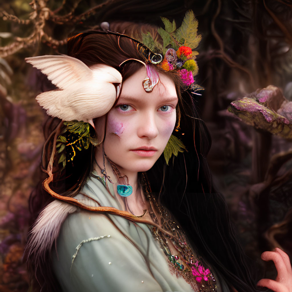 Young woman with ethereal look in mystical forest with flowers and bird