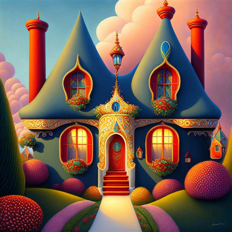 Whimsical fairy-tale cottage with pointed roofs and red door