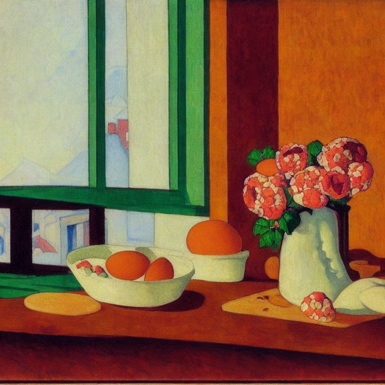 Classic Still Life Painting with Vase, Flowers, Eggs, Fruit, and Window View