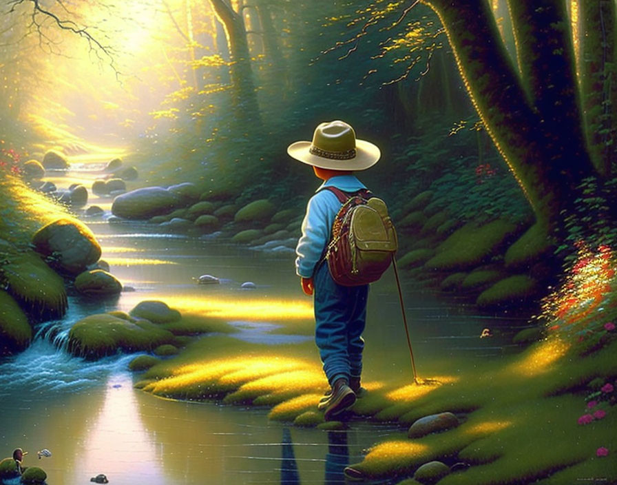 Boy with backpack in stream
