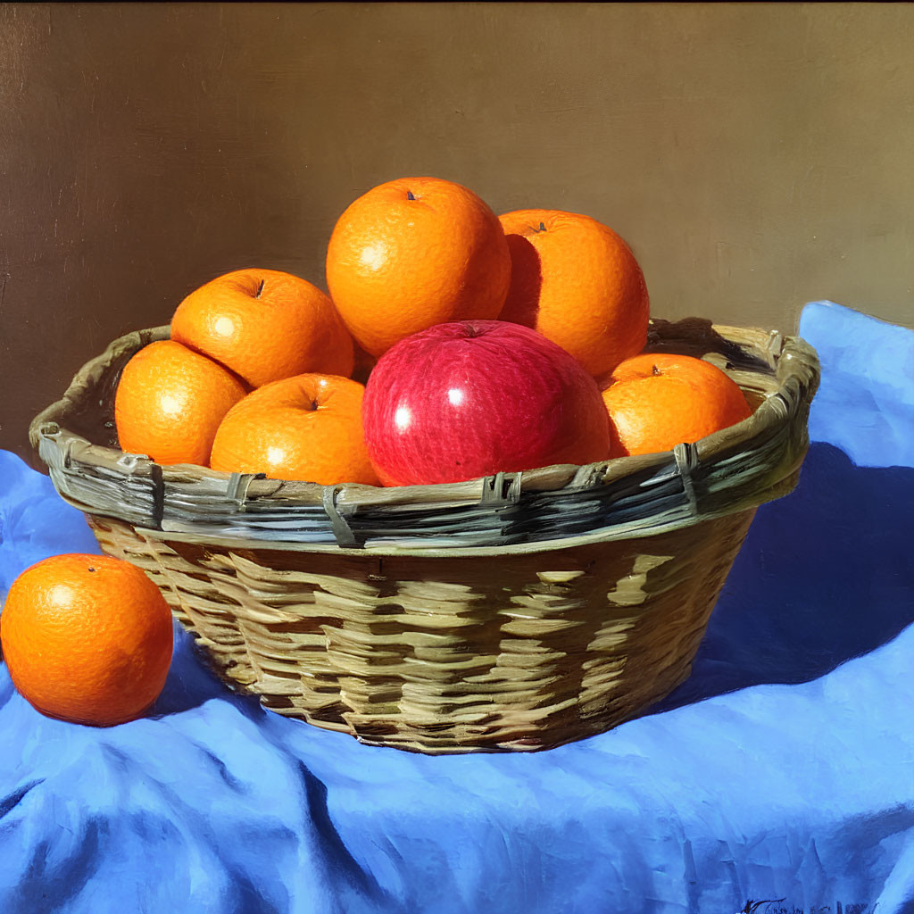 Classic Still Life Painting with Wicker Basket, Oranges, Apple, and Blue Cloth
