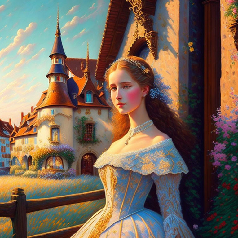 Historical woman in elegant dress near sunlit castle and vibrant flowers