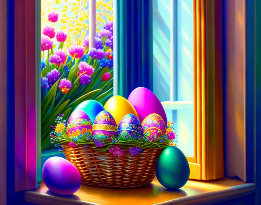 Colorful Easter Eggs in Sunlit Basket by Window with Flowers