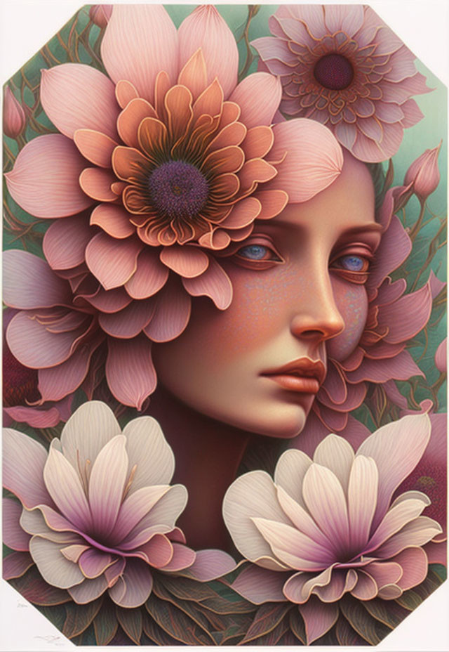 Surreal portrait of woman with floral features on leafy backdrop