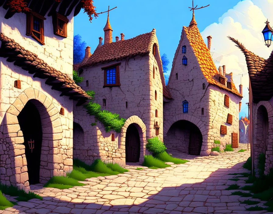 Picturesque cobblestone street in medieval village with stone houses and ivy under clear blue sky