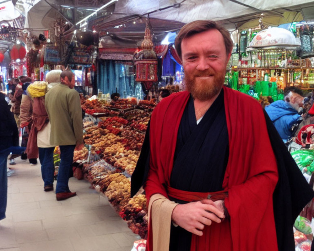 Person in Jedi robe costume smiling in vibrant market scene