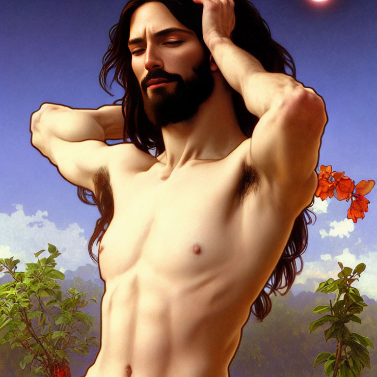 Shirtless man with long hair posing against sky with flowers