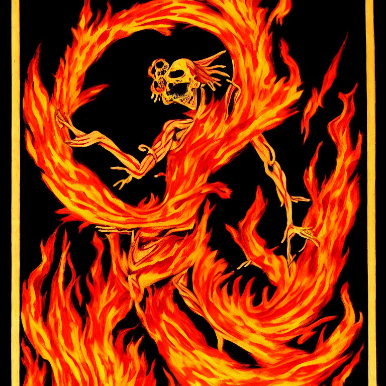 Burning skeleton with skull in hand engulfed in flames