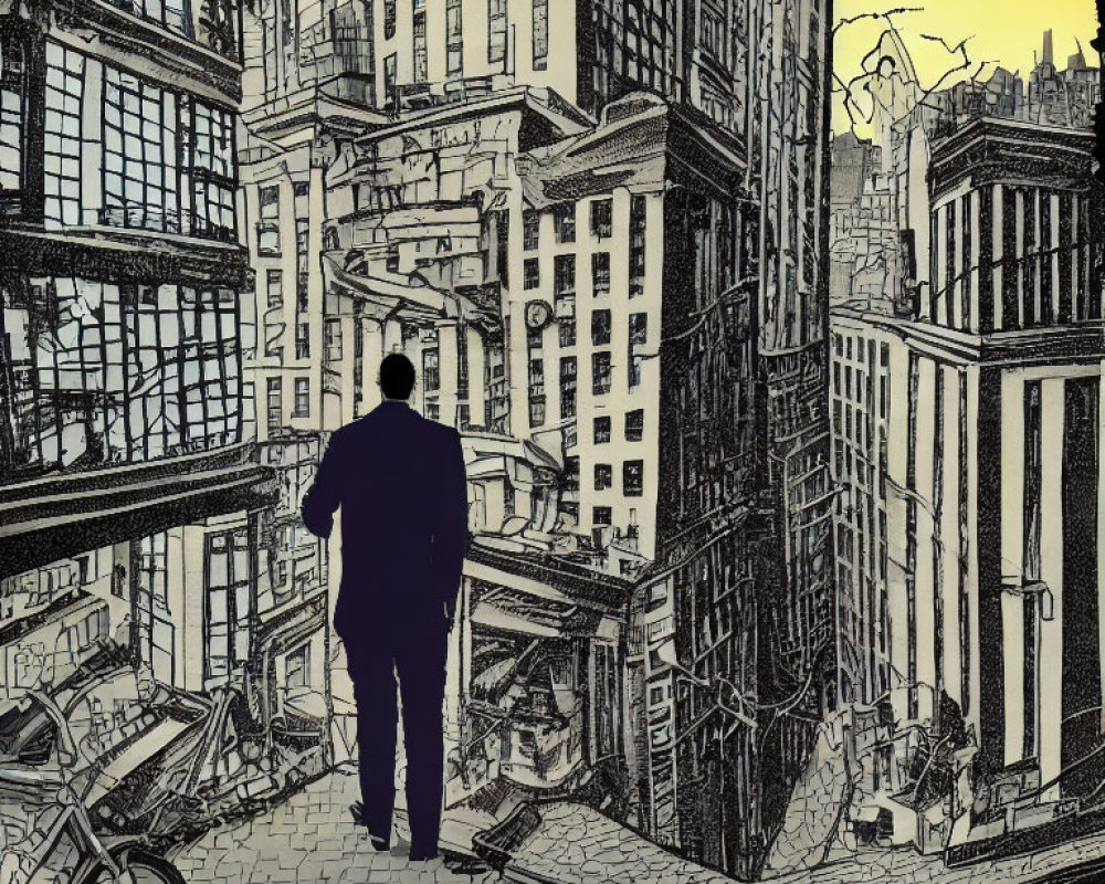 Man in suit gazes at chaotic urban sketch.