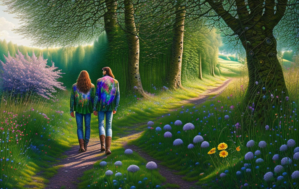 Couple strolling through enchanting forest with vibrant flora