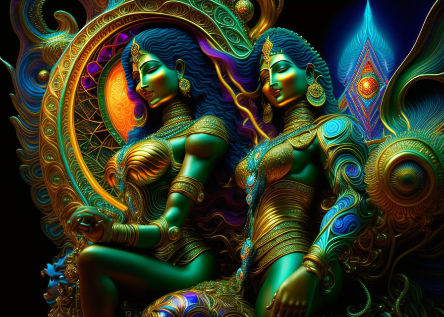 Colorful Artwork Featuring Two Hindu Deities and Mandala Background