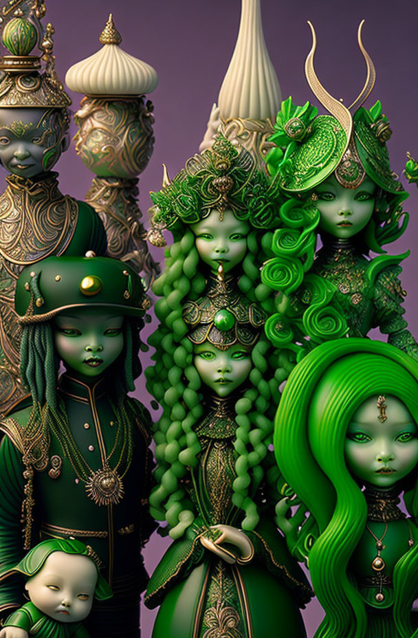 Intricate green hairstyles and golden accessories on stylized figures