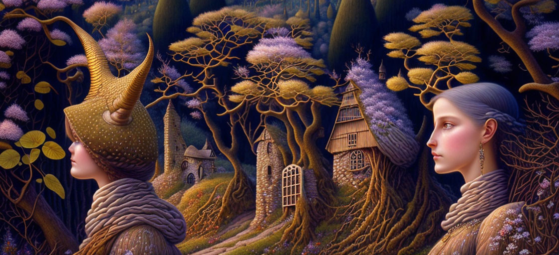 Fantastical artwork: Woman with tree-like features in surreal, purple-toned setting