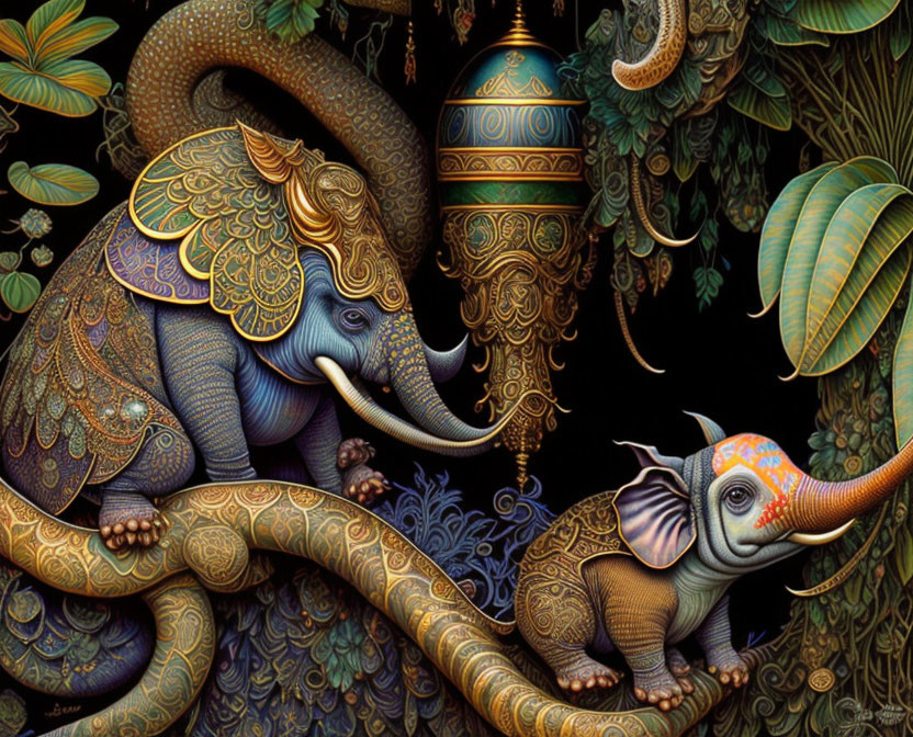 Intricate Ornate Illustration of Two Elephants on Dark Background