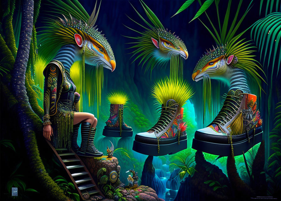 Surreal artwork: human figure with avian features and giant colorful bird-like boots
