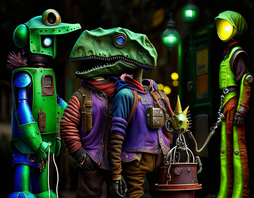 Colorful Illustration of Robot, Dinosaur, and Green-Suited Character