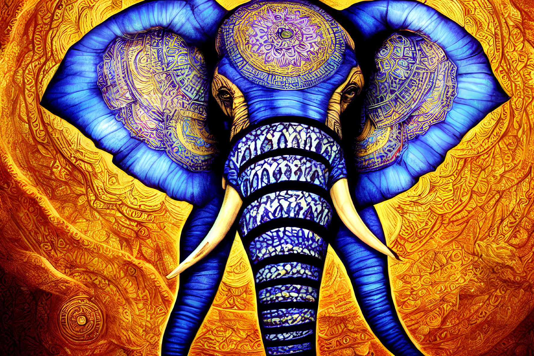 Vibrant Elephant Artwork with Mandala Patterns on Gold Background