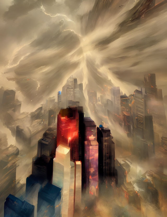 Dramatic cityscape with towering skyscrapers in fiery haze
