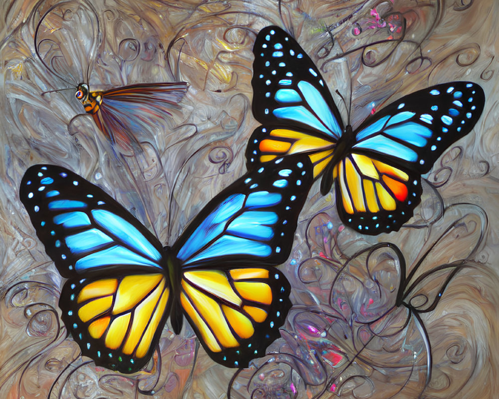 Colorful Blue and Yellow Butterflies with Dragonfly on Whimsical Background