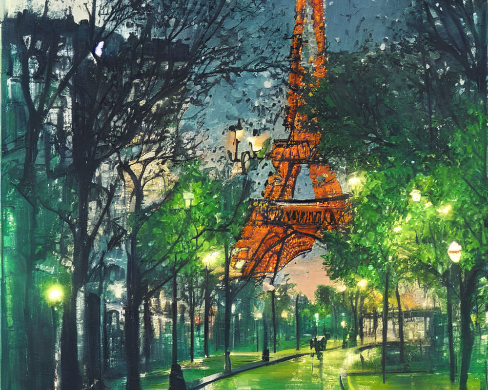 Impressionistic painting of Eiffel Tower at dusk with green trees & street lamps
